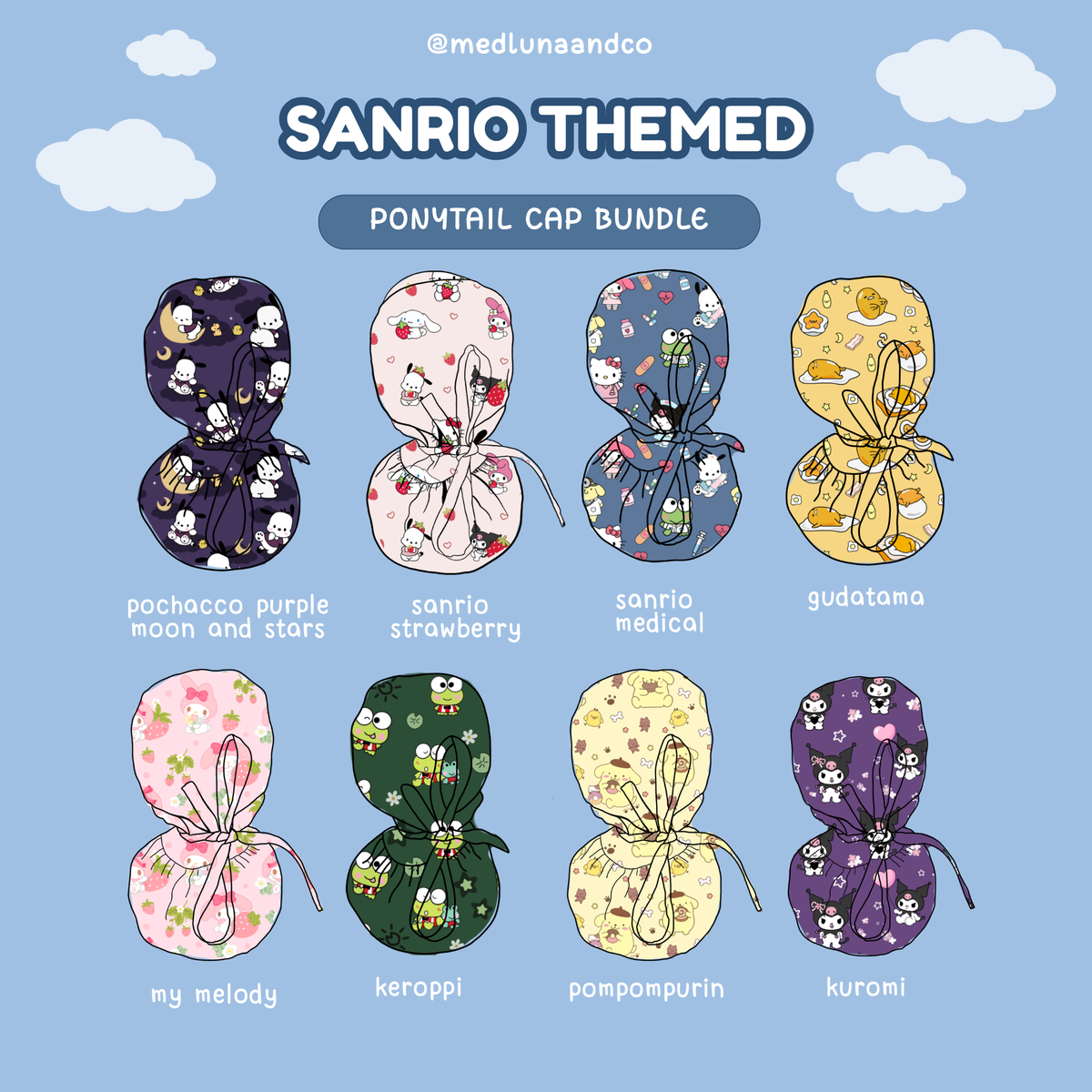 SANRIO THEMED SATIN LINED PONYTAIL SCRUB CAP BUNDLE