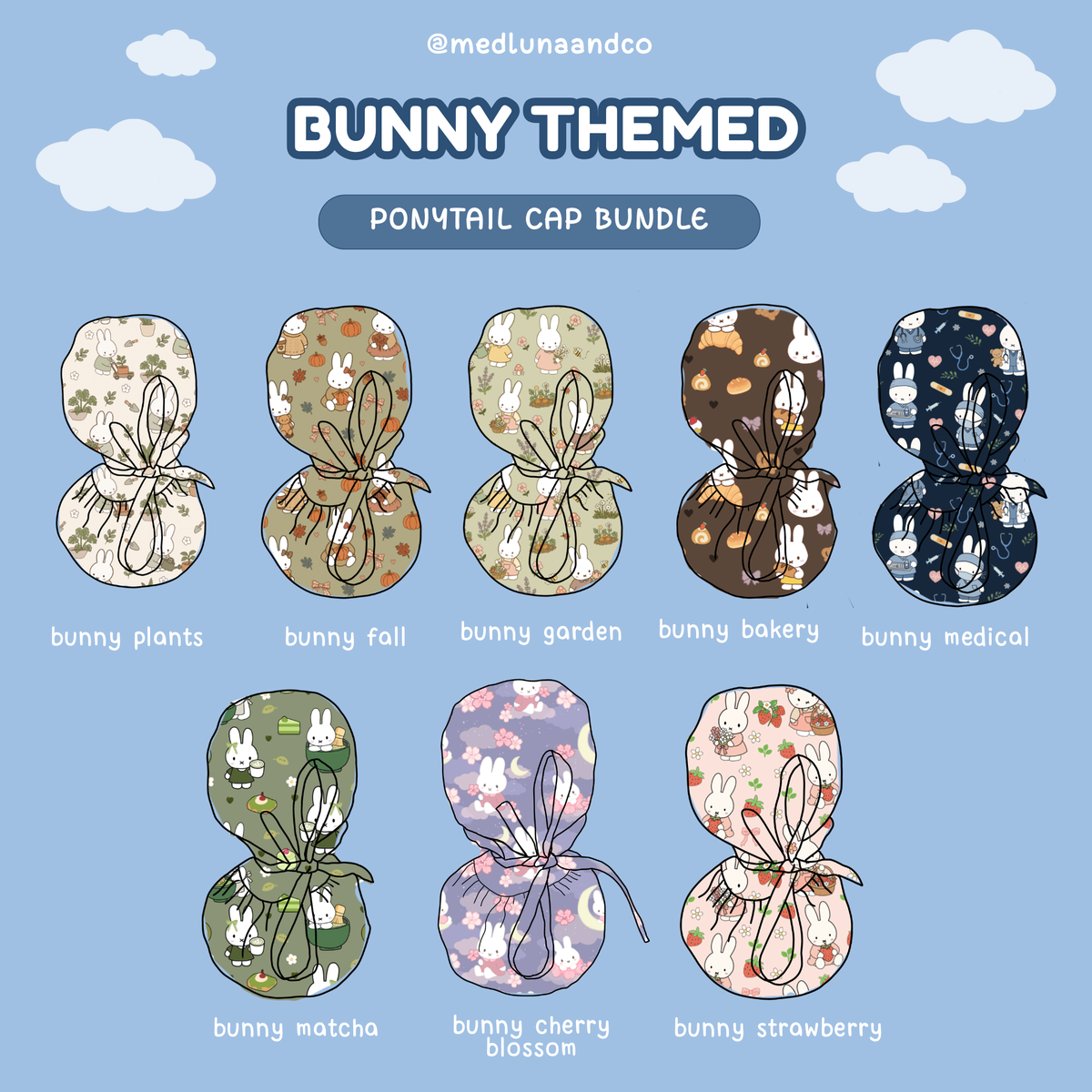 BUNNY THEMED SATIN LINED PONYTAIL SCRUB CAP BUNDLE