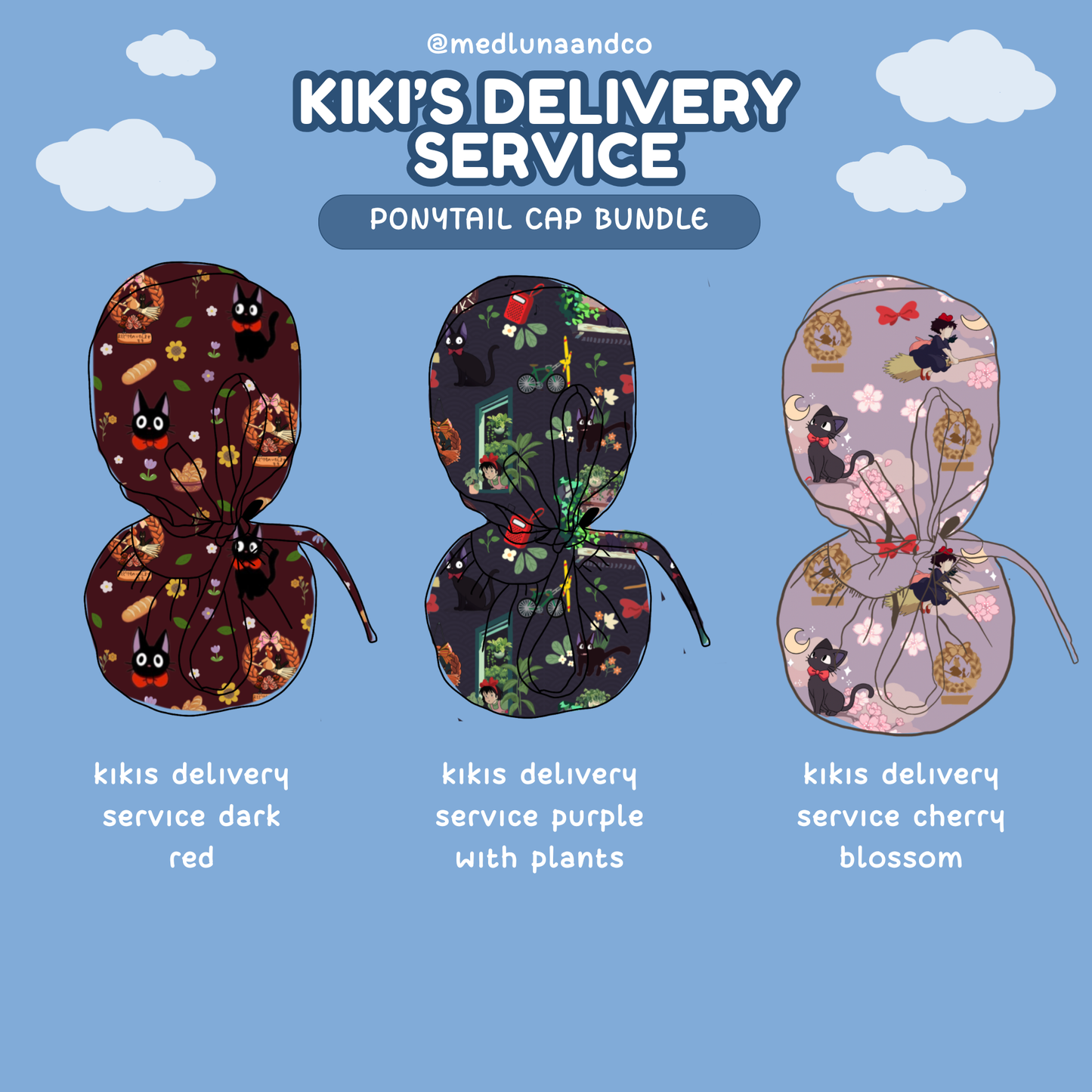 KIKI'S DELIVERY SERVICE THEMED SATIN LINED PONYTAIL SCRUB CAP BUNDLE