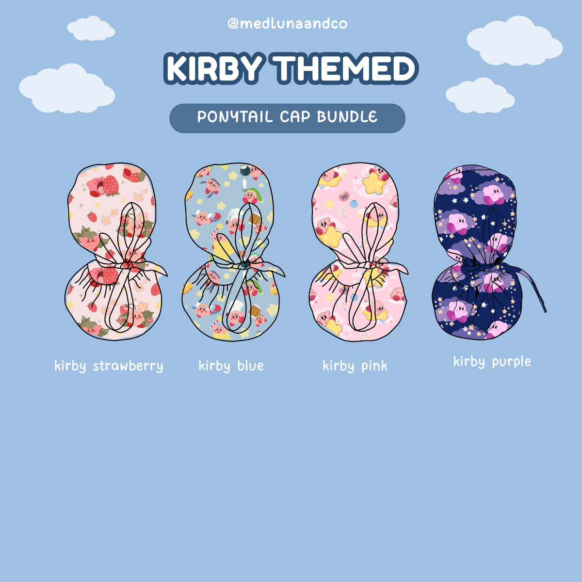 KIRBY THEMED SATIN LINED PONYTAIL SCRUB CAP BUNDLE
