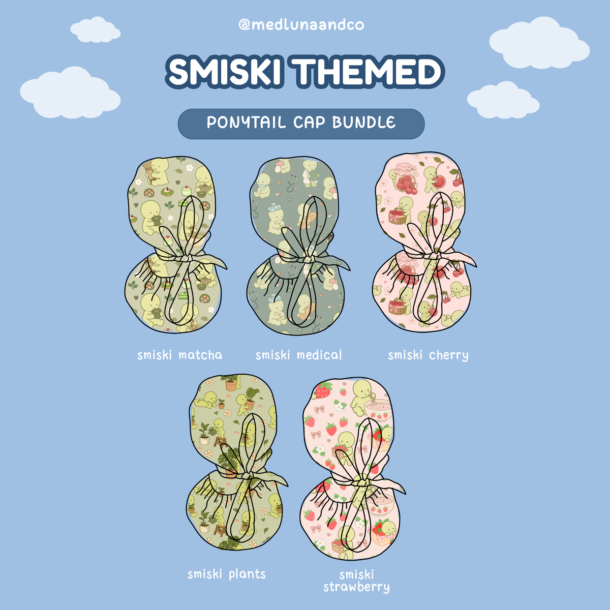 SMISKI THEMED SATIN LINED PONYTAIL SCRUB CAP BUNDLE