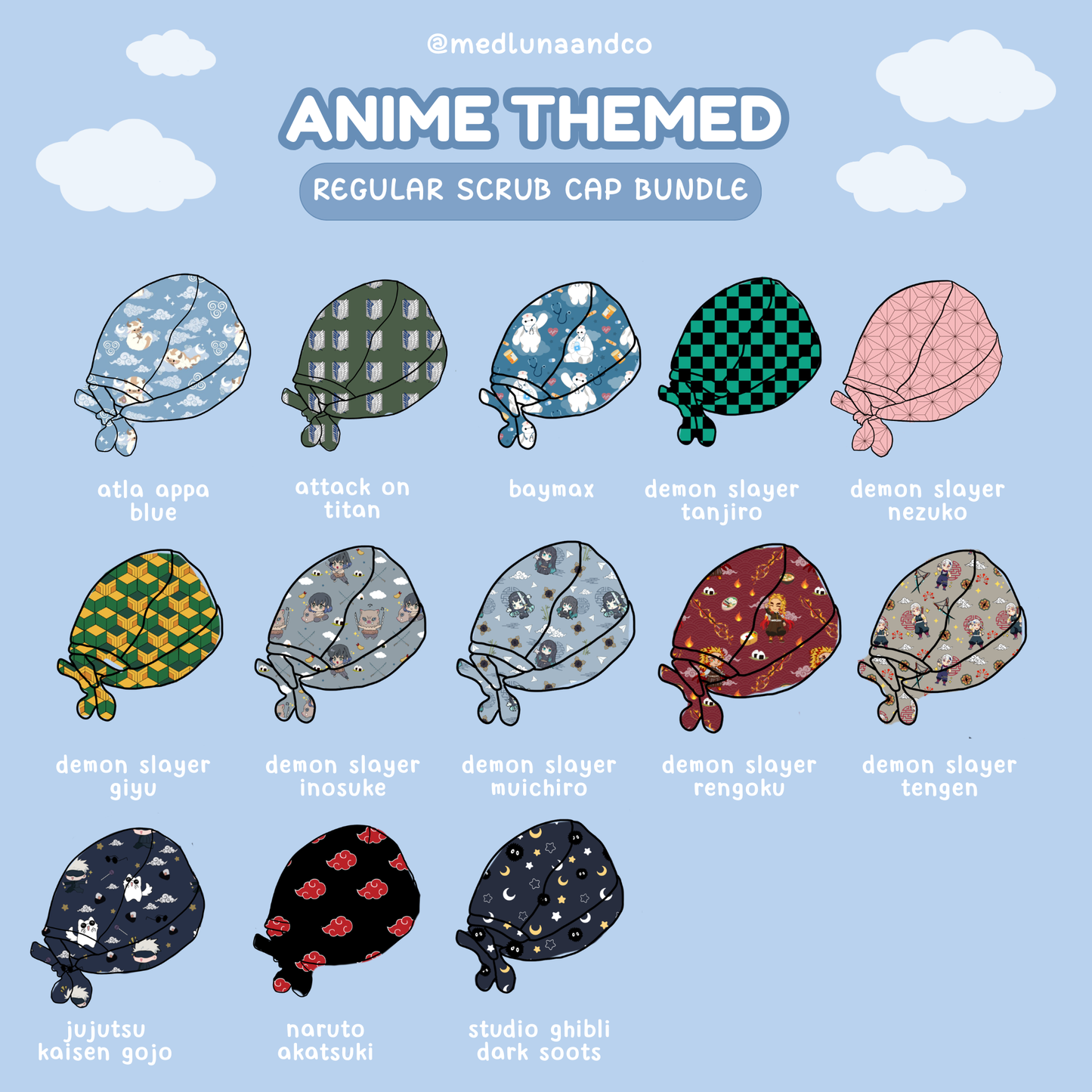 ANIME THEMED SATIN LINED REGULAR SCRUB CAP BUNDLE