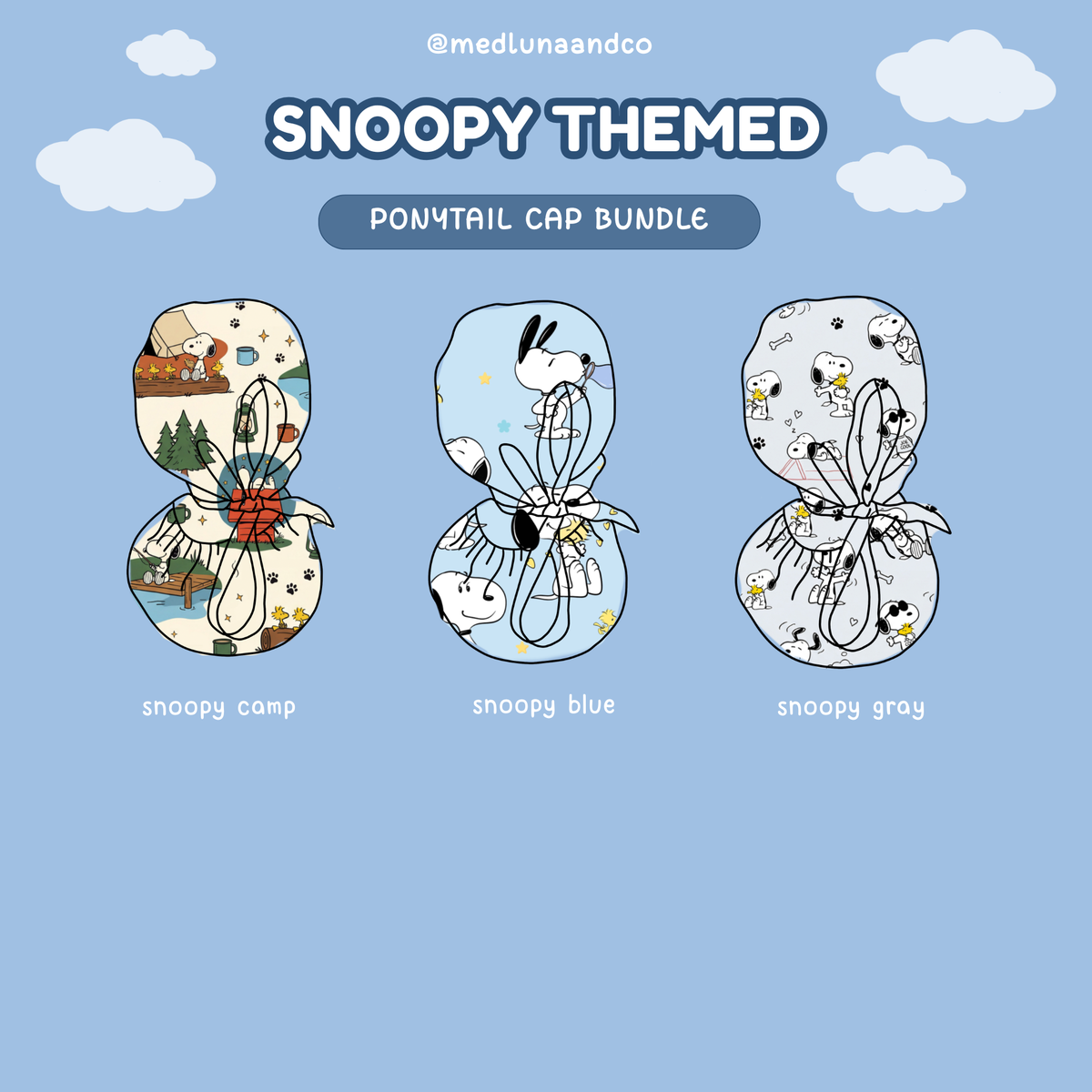 SNOOPY THEMED SATIN LINED PONYTAIL SCRUB CAP BUNDLE