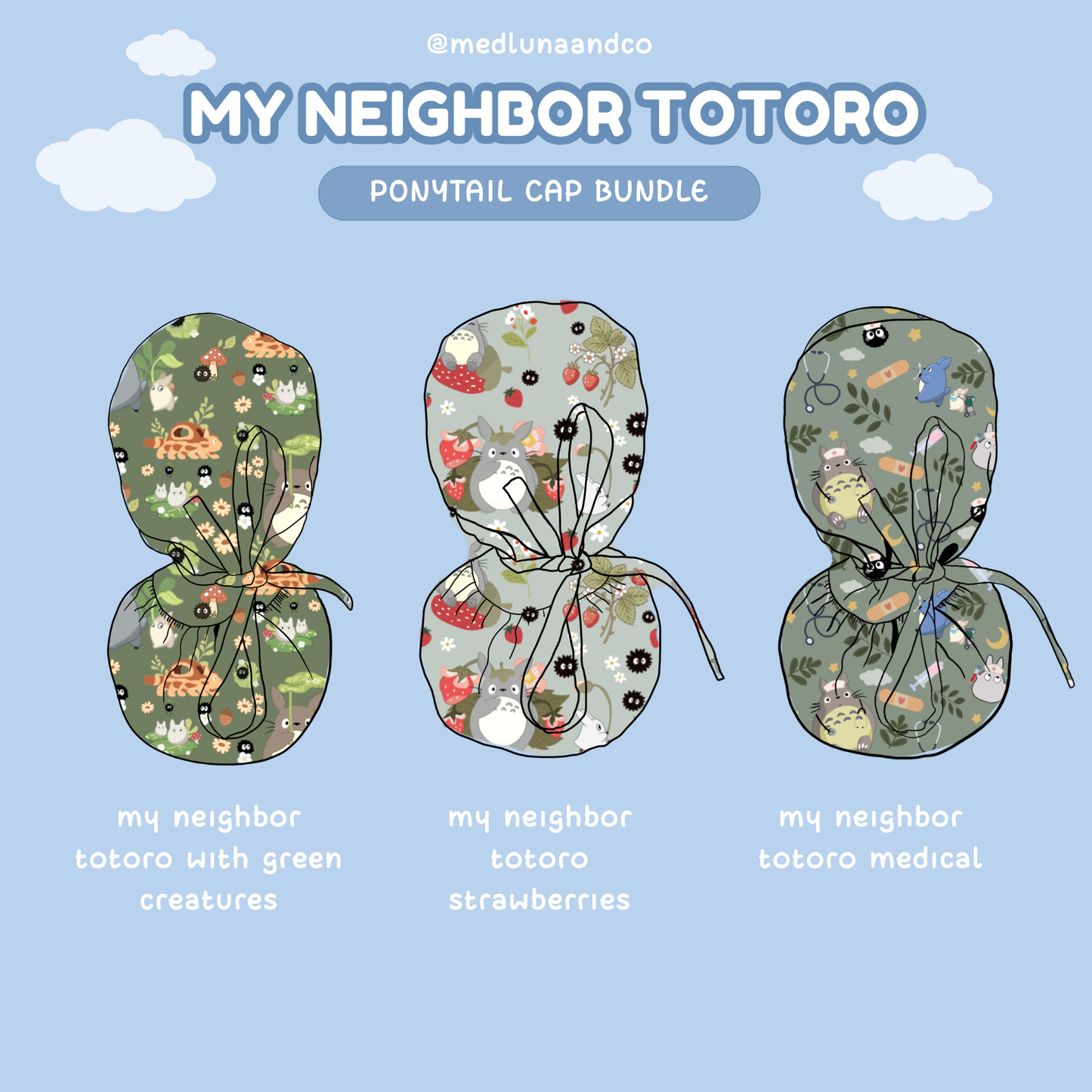MY NEIGHBOR TOTORO THEMED SATIN LINED PONYTAIL SCRUB CAP BUNDLE