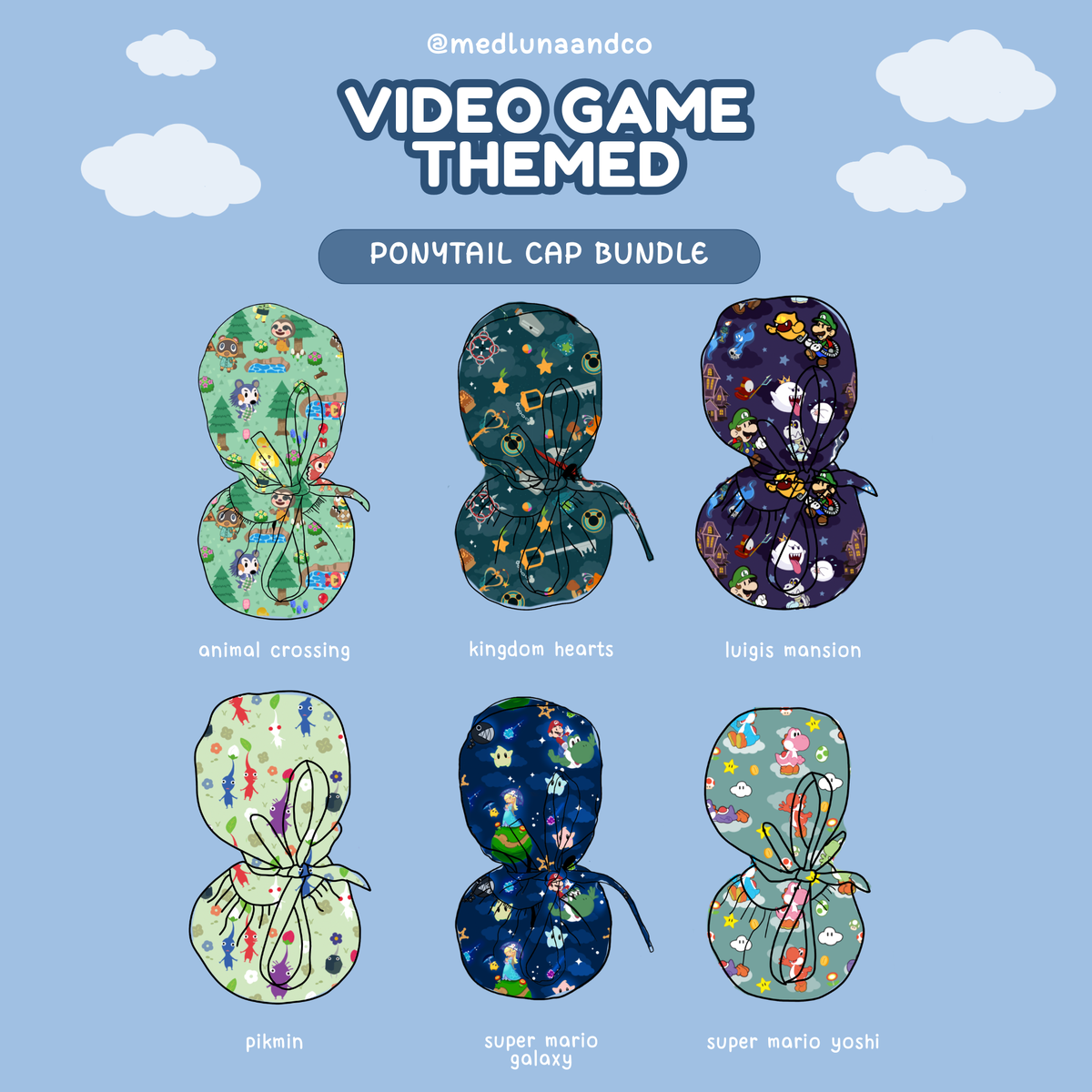 VIDEO GAME THEMED SATIN LINED PONYTAIL SCRUB CAP BUNDLE