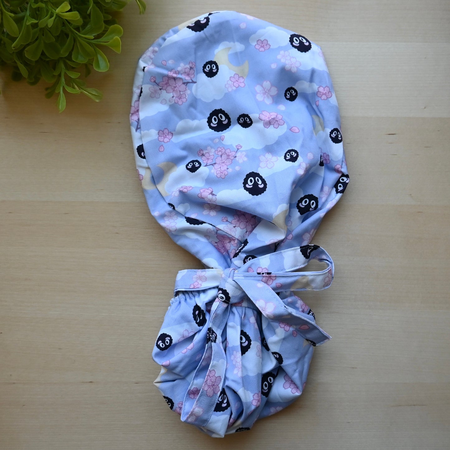 SOOT SPRITES BLUE CHERRY BLOSSOM THEMED SATIN LINED PONYTAIL SCRUB CAP