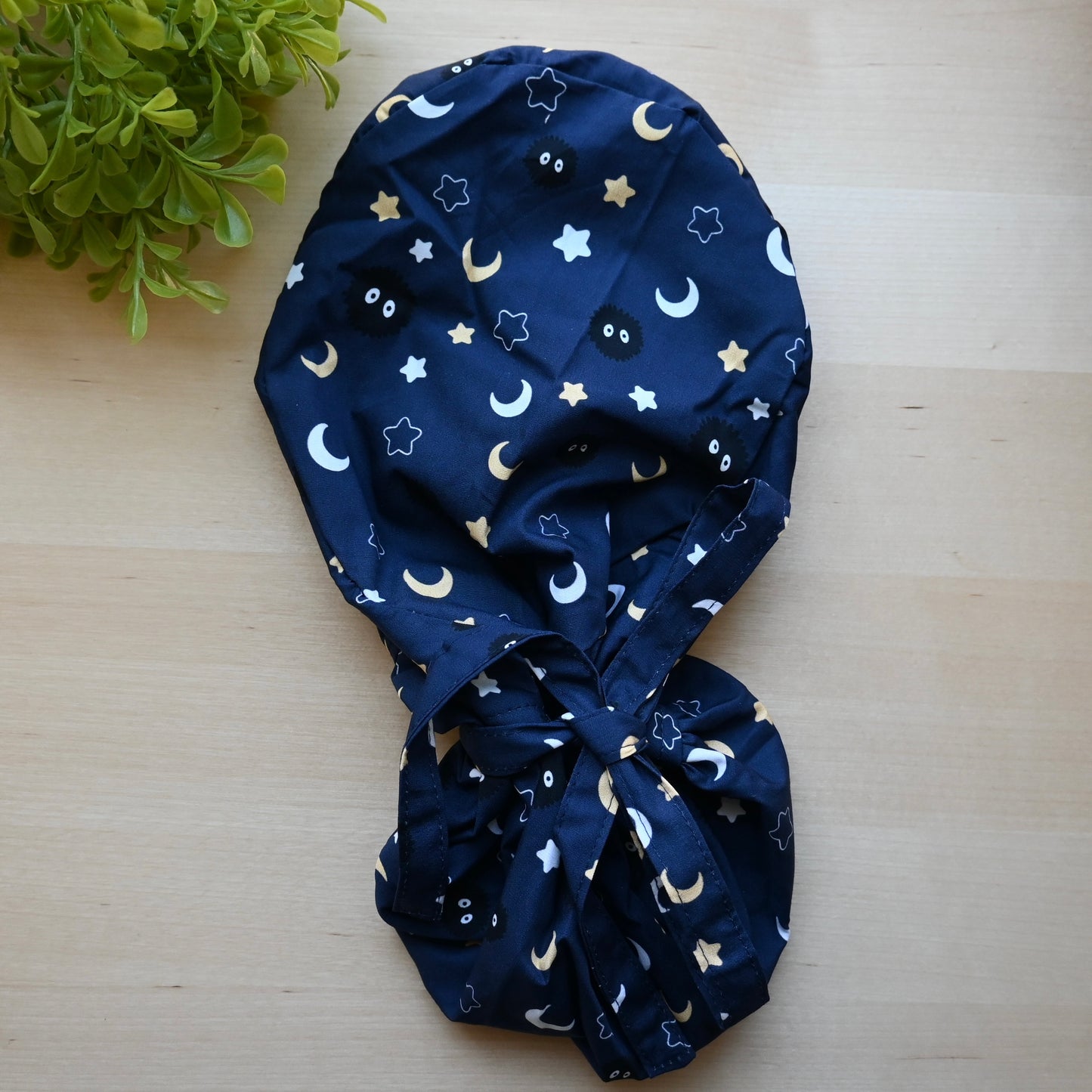 SOOT SPRITES DARK BLUE MOON AND STARS SATIN LINED PONYTAIL SCRUB CAP