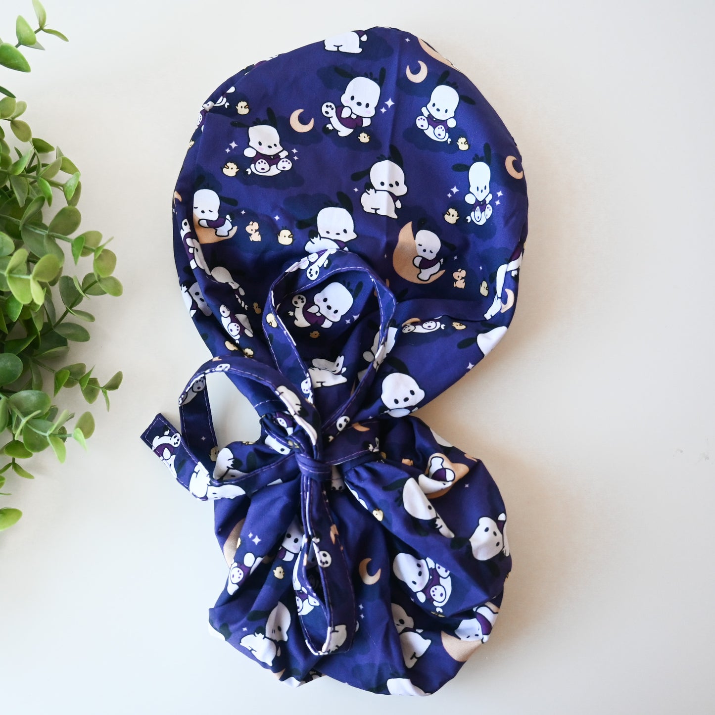 POCHACCO PURPLE MOON AND STARS THEMED SATIN LINED PONYTAIL SCRUB CAP