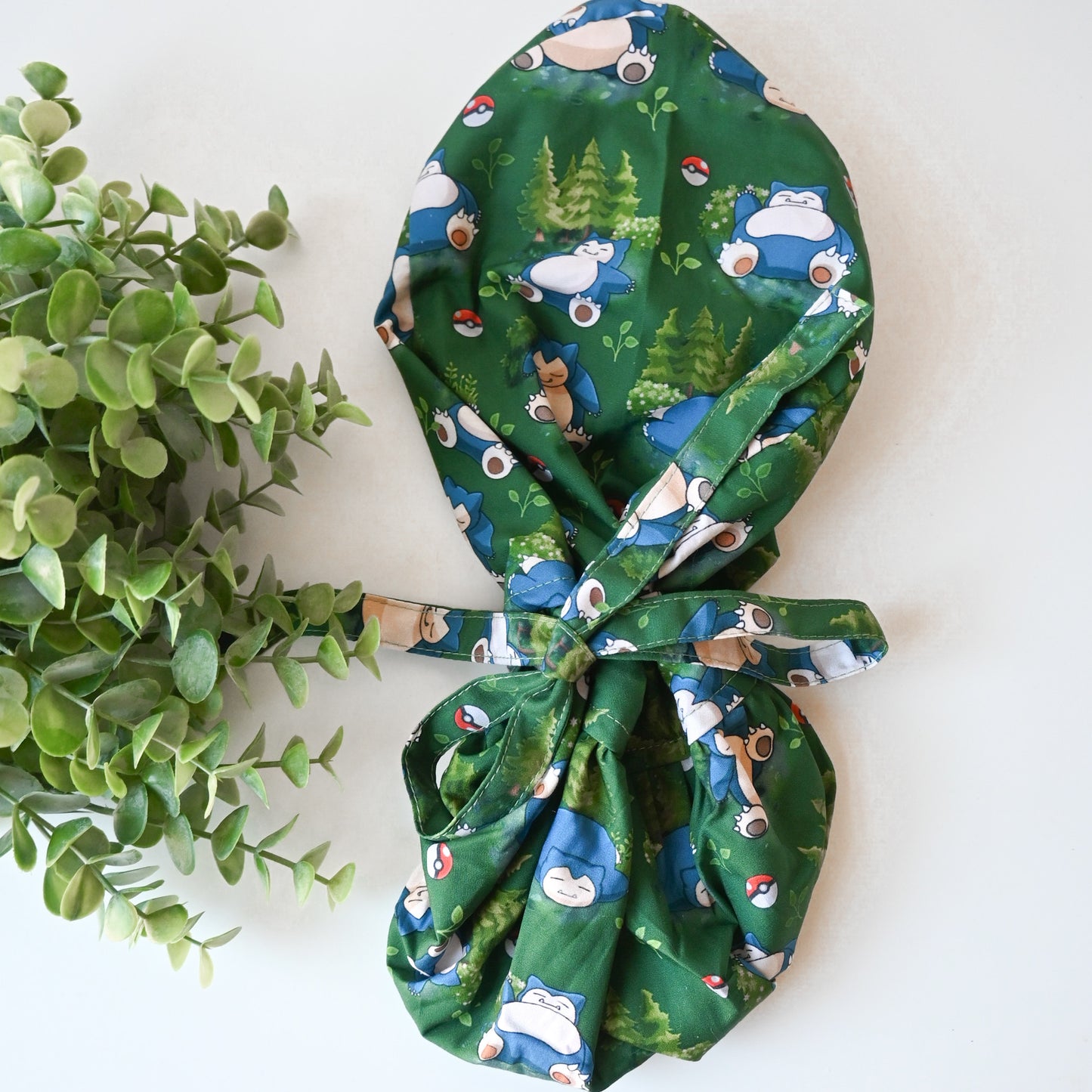 POKEMON - SNORLAX SLEEPING IN FOREST THEMED SATIN LINED PONYTAIL SCRUB CAP