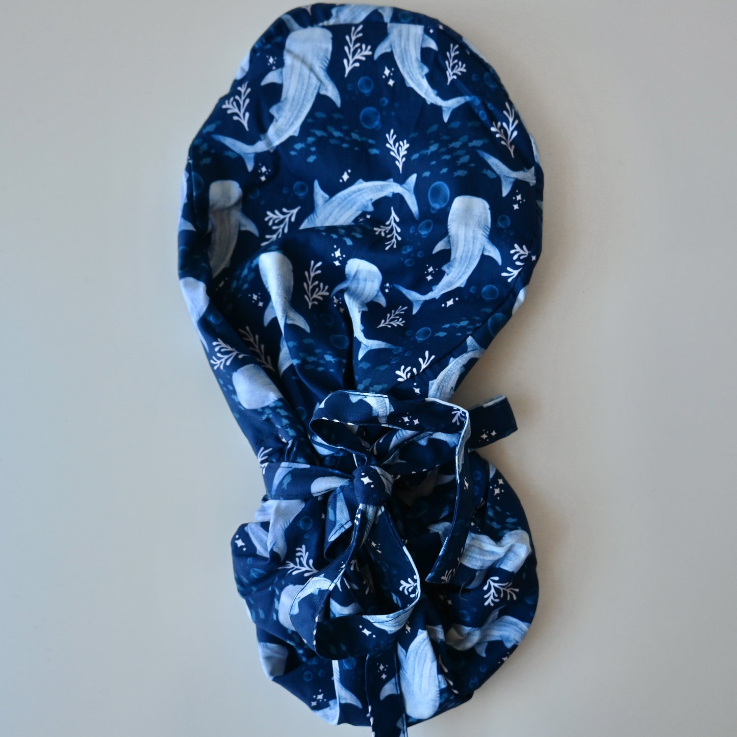 WHALE SHARK THEMED SATIN LINED PONYTAIL SCRUB CAP