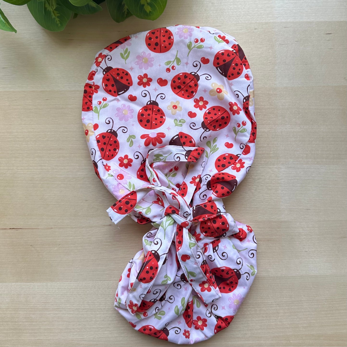 LADYBUG THEMED SATIN LINED PONYTAIL SCRUB CAP