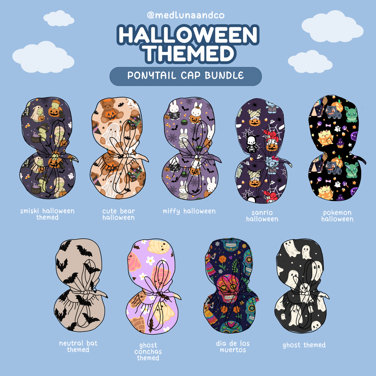 HALLOWEEN THEMED SATIN LINED PONYTAIL SCRUB CAP BUNDLE