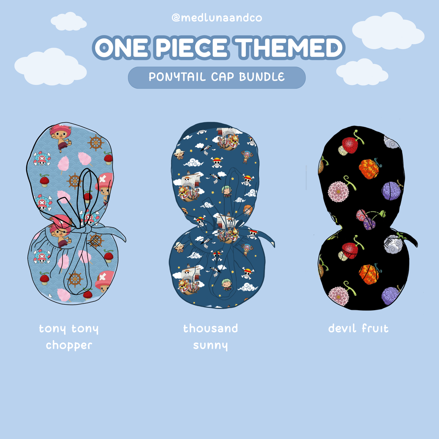ONE PIECE THEMED THEMED SATIN LINED PONYTAIL SCRUB CAP BUNDLE