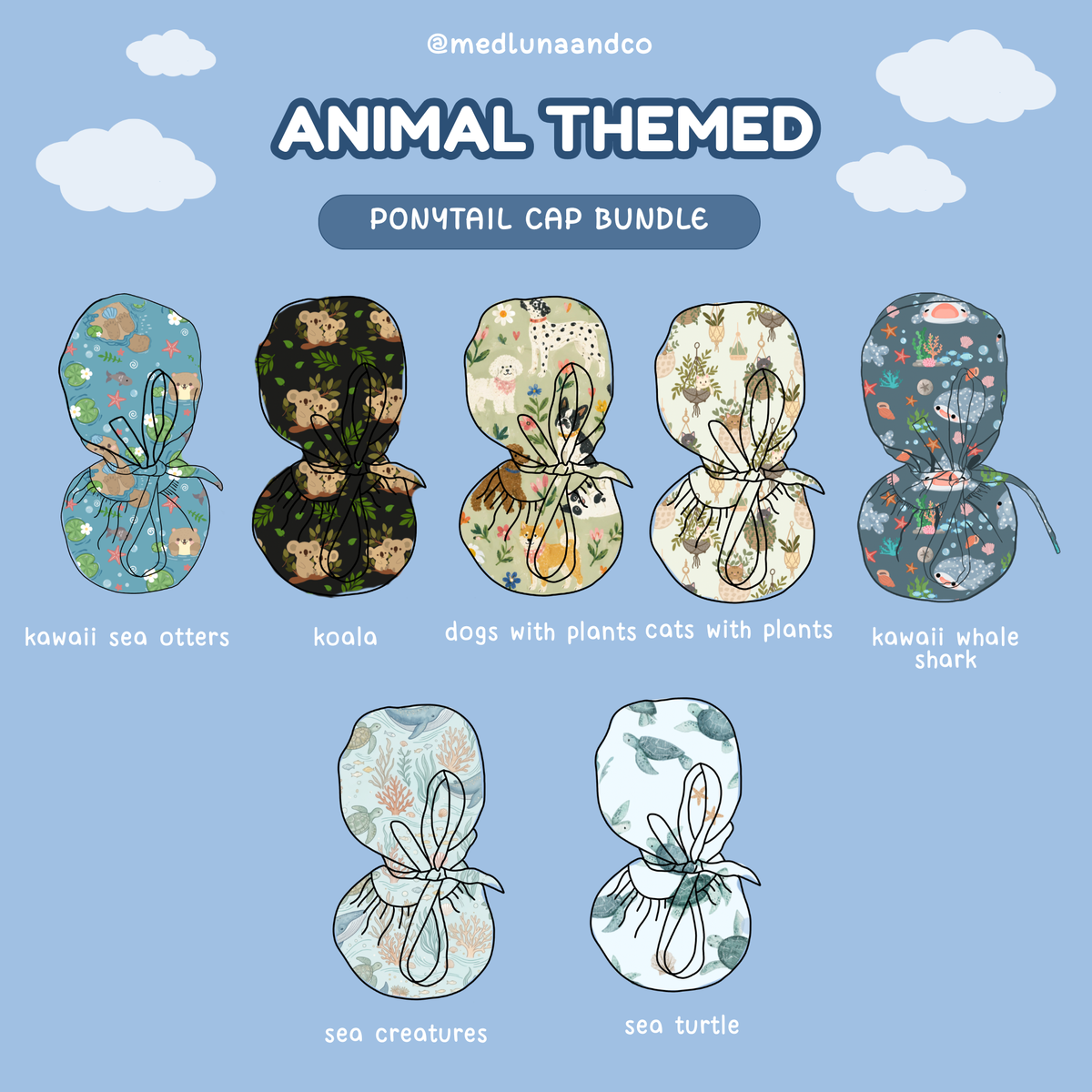 ANIMAL THEMED SATIN LINED PONYTAIL SCRUB CAP BUNDLE