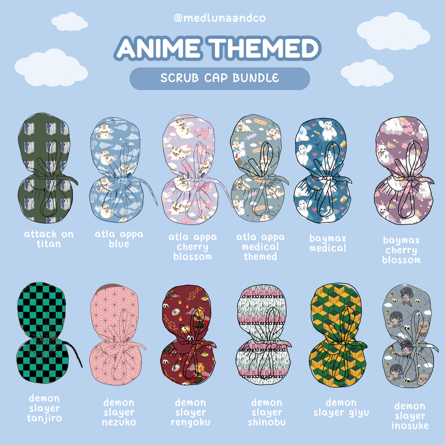 ANIME THEMED SATIN LINED PONYTAIL SCRUB CAP BUNDLE
