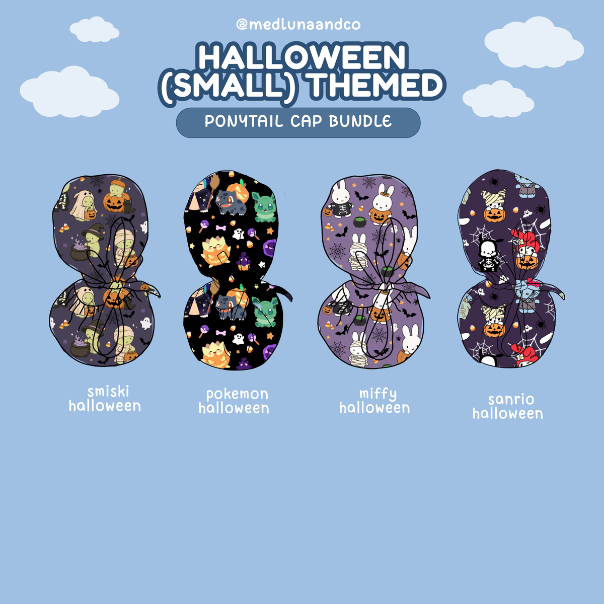 HALLOWEEN SMALL THEMED SATIN LINED PONYTAIL SCRUB CAP BUNDLE