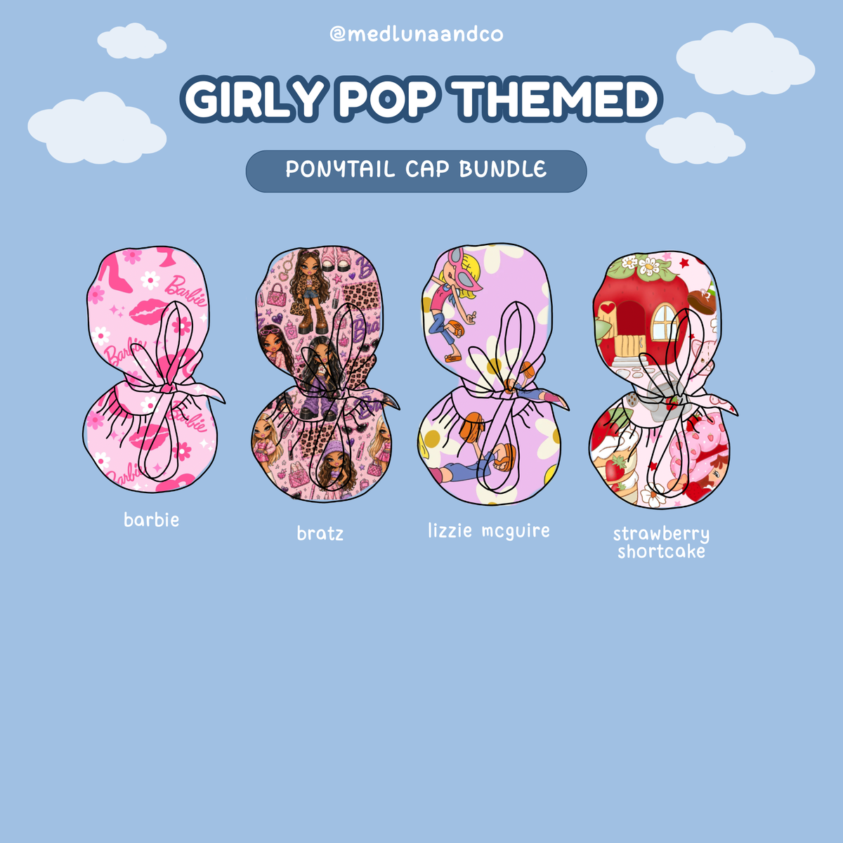 GIRLY POP THEMED SATIN LINED PONYTAIL SCRUB CAP BUNDLE