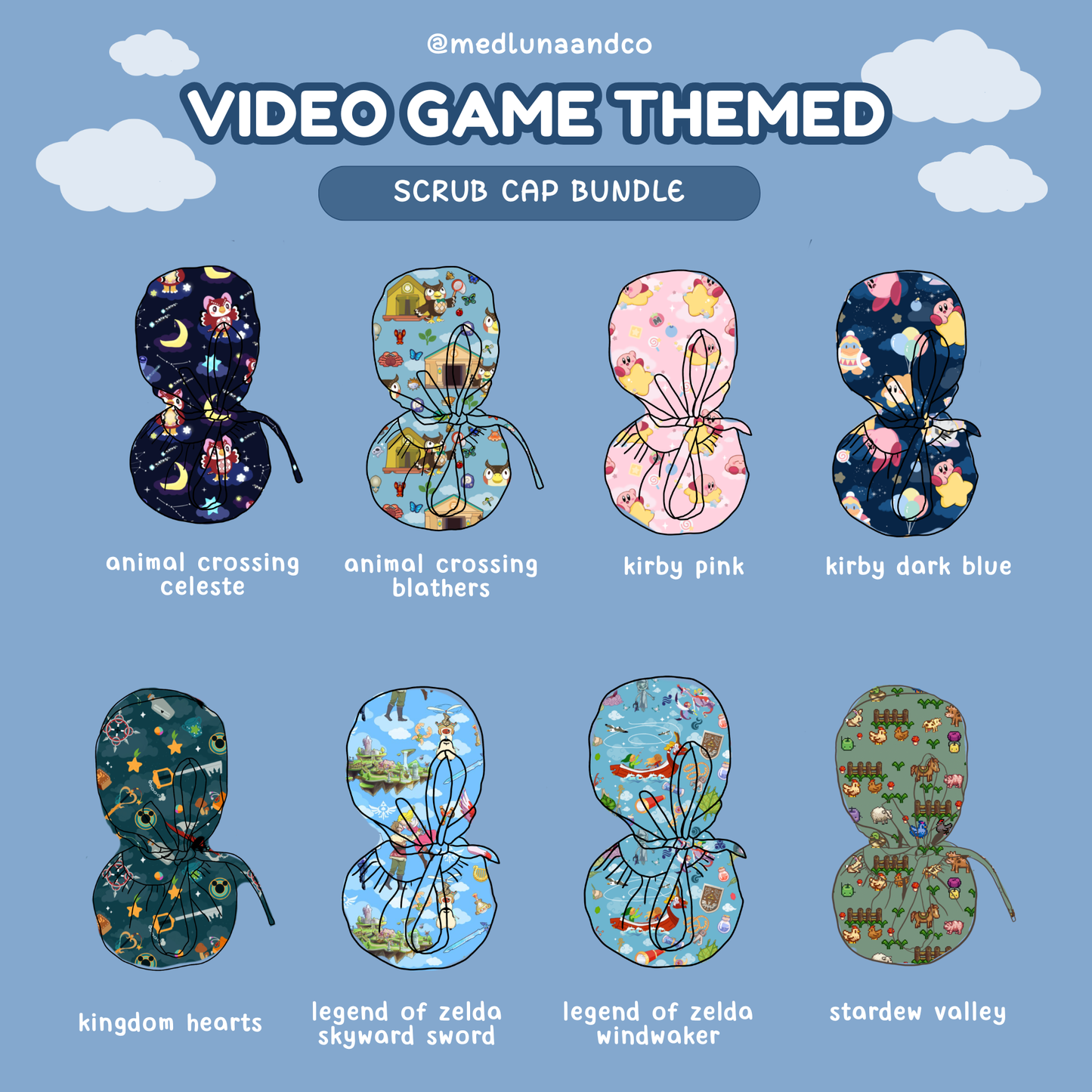 VIDEO GAME THEMED SATIN LINED PONYTAIL SCRUB CAP BUNDLE