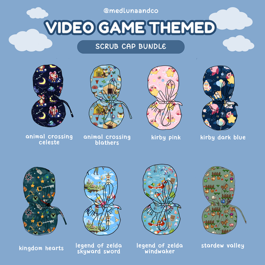 VIDEO GAME THEMED SATIN LINED PONYTAIL SCRUB CAP BUNDLE