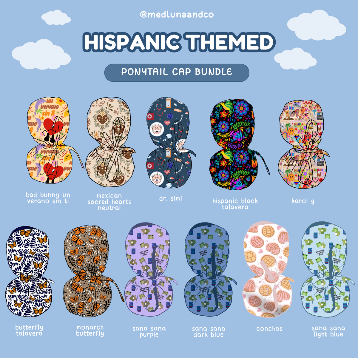 HISPANIC THEMED SATIN LINED PONYTAIL SCRUB CAP BUNDLE
