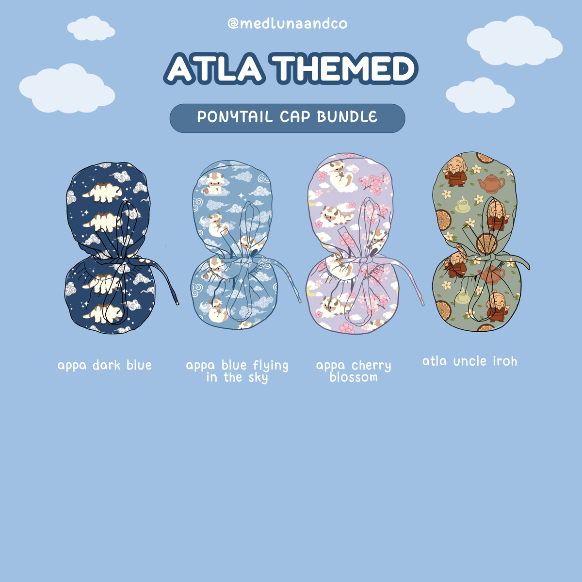 ATLA THEMED SATIN LINED PONYTAIL SCRUB CAP BUNDLE