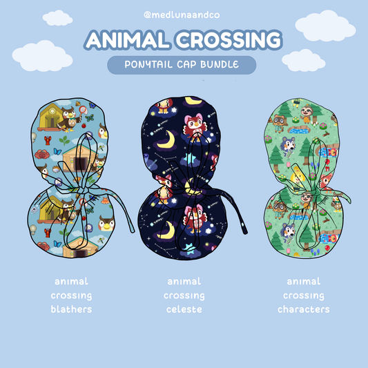 ANIMAL CROSSING THEMED SATIN LINED PONYTAIL SCRUB CAP BUNDLE