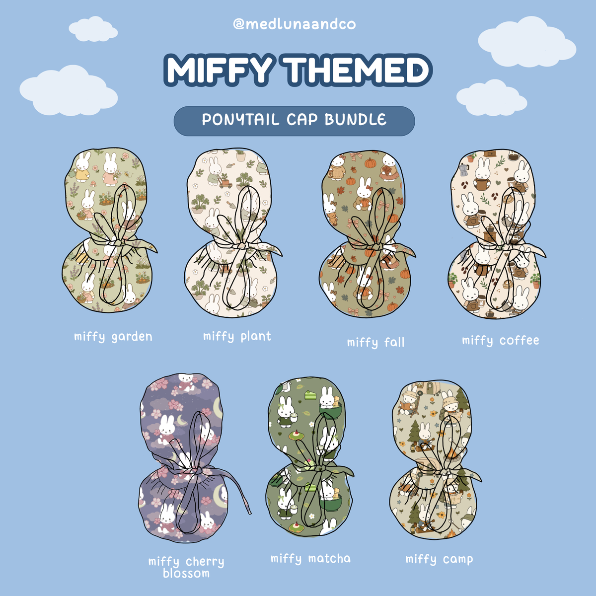 MIFFY THEMED SATIN LINED PONYTAIL SCRUB CAP BUNDLE