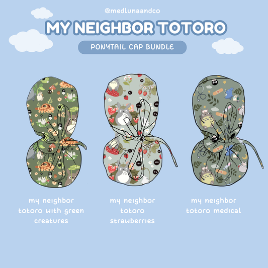 MY NEIGHBOR TOTORO THEMED SATIN LINED PONYTAIL SCRUB CAP BUNDLE