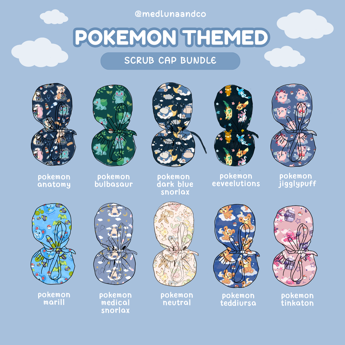 POKEMON THEMED SATIN LINED PONYTAIL SCRUB CAP BUNDLE