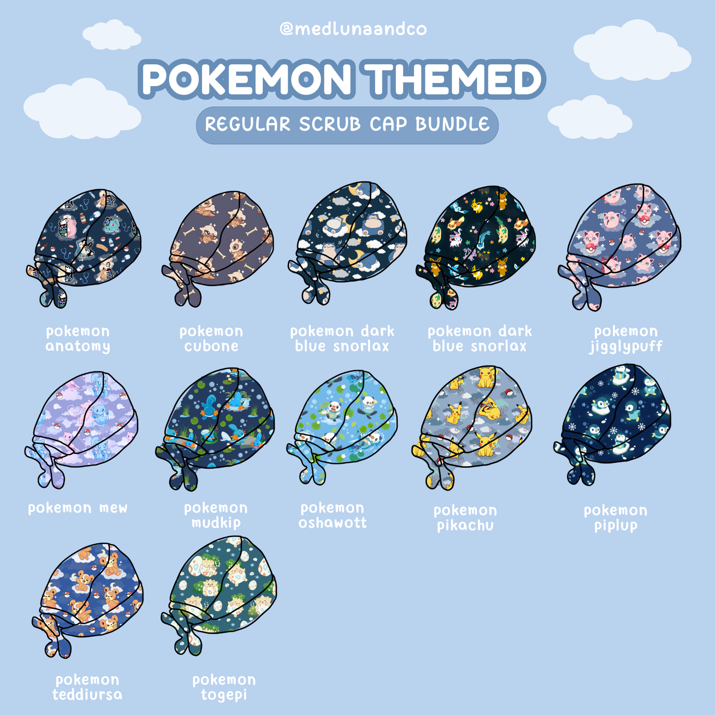 POKEMON THEMED SATIN LINED REGULAR STYLE SCRUB CAP BUNDLE