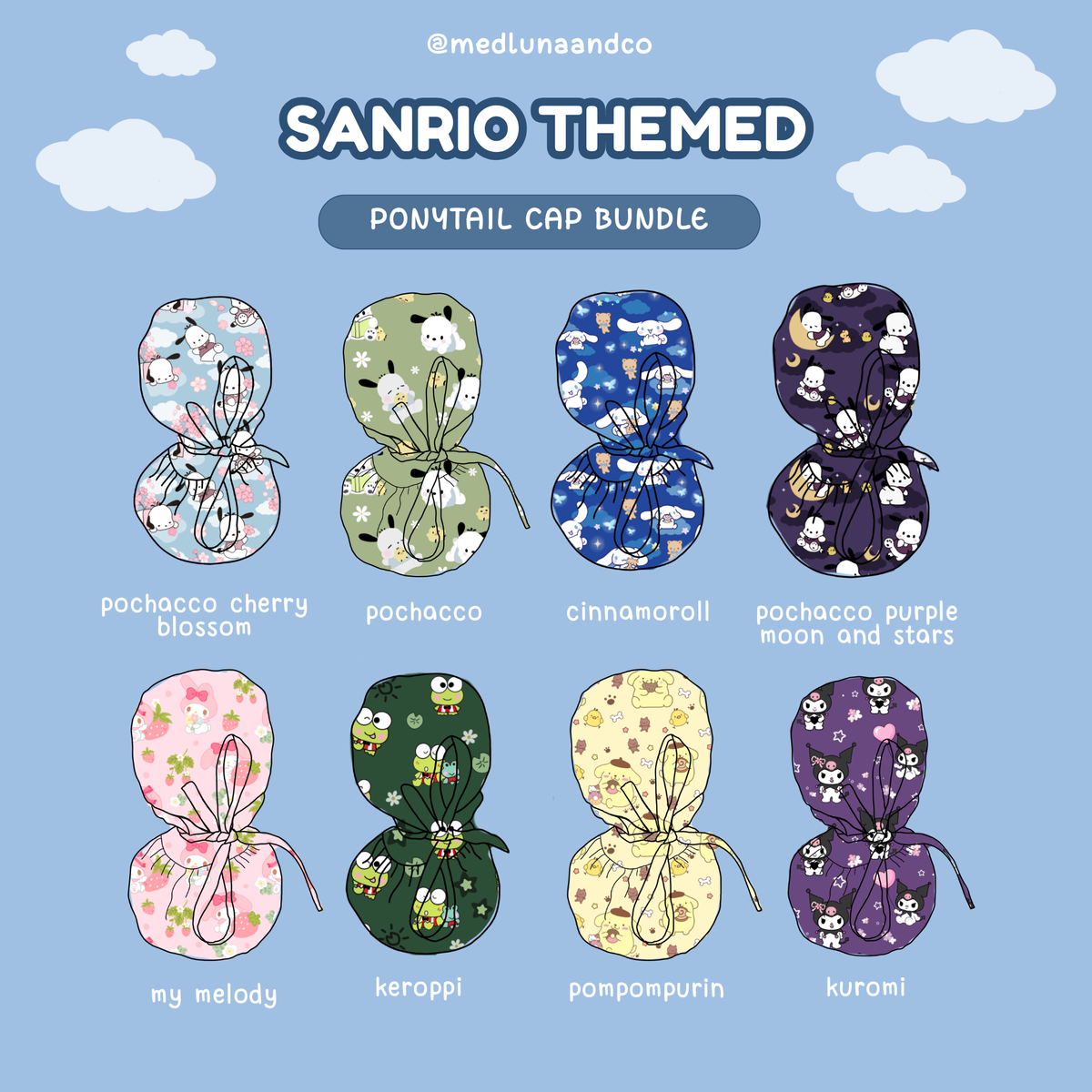SANRIO THEMED SATIN LINED PONYTAIL SCRUB CAP BUNDLE