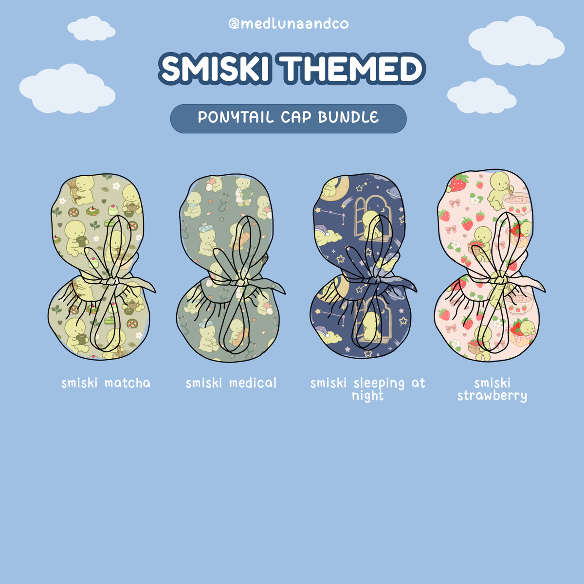 SMISKI THEMED SATIN LINED PONYTAIL SCRUB CAP BUNDLE