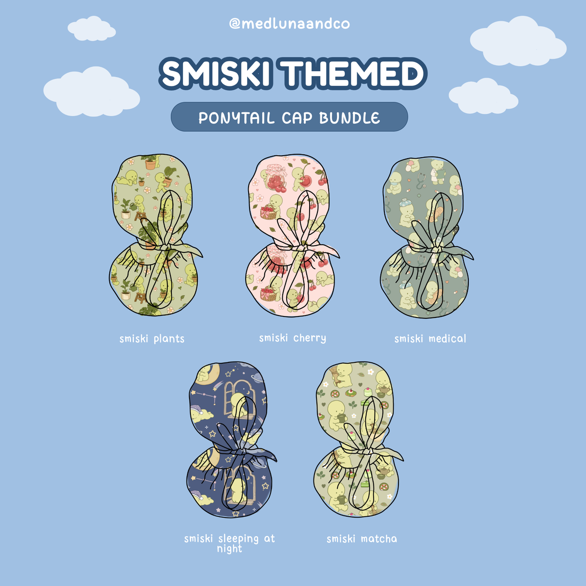 SMISKI THEMED SATIN LINED PONYTAIL SCRUB CAP BUNDLE