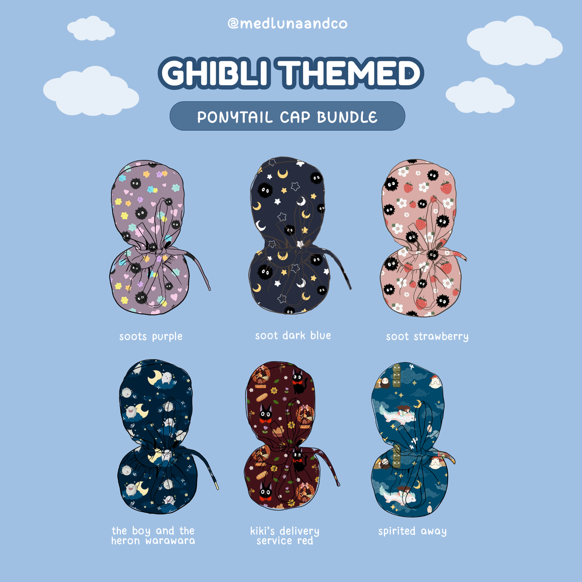 STUDIO GHIBLI THEMED SATIN LINED PONYTAIL SCRUB CAP BUNDLE
