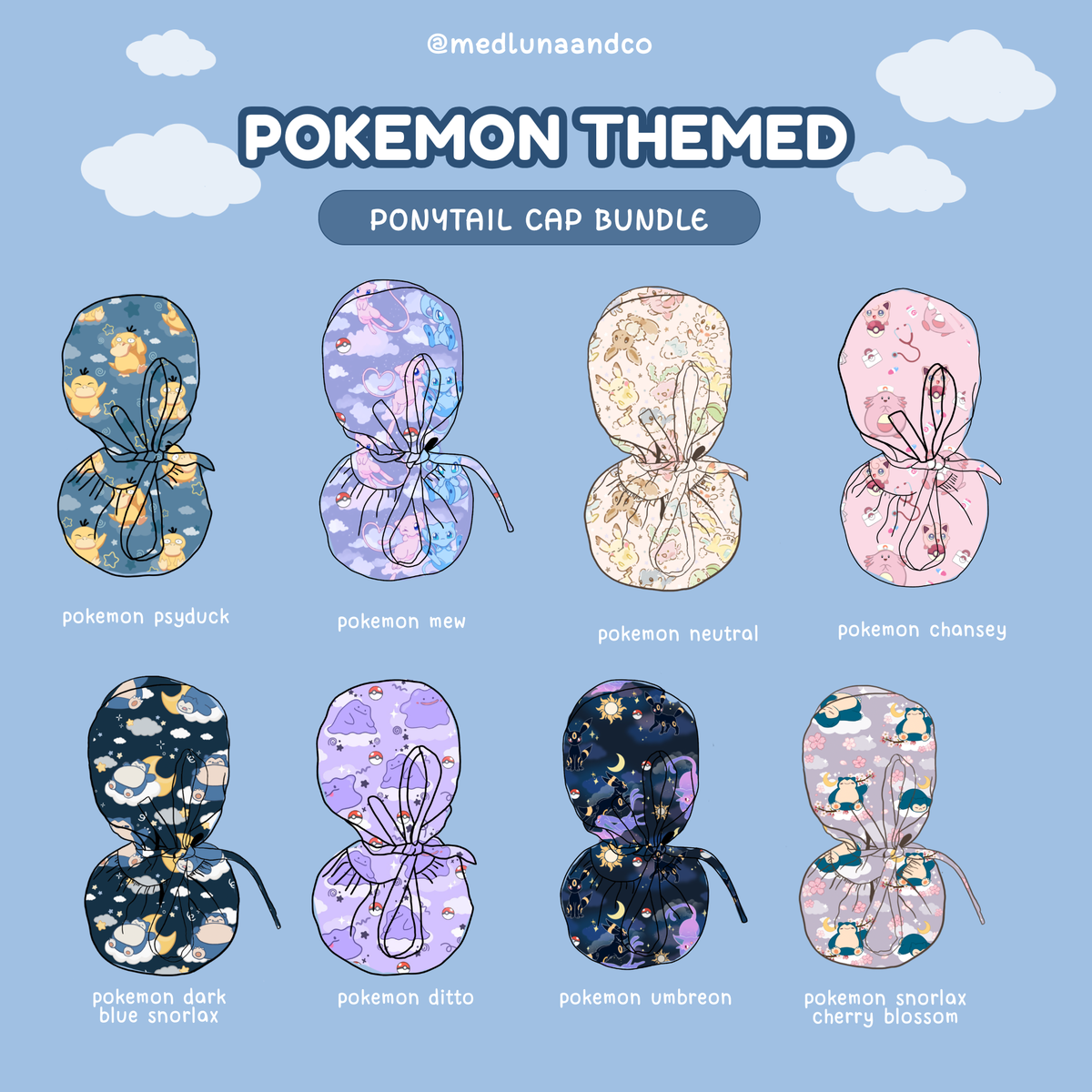 POKEMON THEMED SATIN LINED PONYTAIL SCRUB CAP BUNDLE