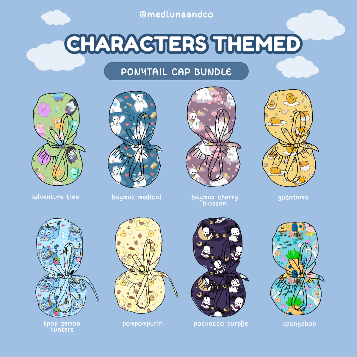 CHARACTERS THEMED SATIN LINED PONYTAIL SCRUB CAP BUNDLE