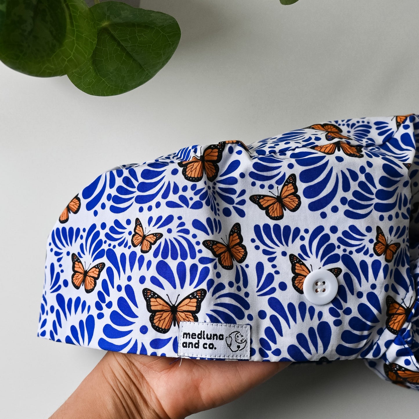 BLUE TALAVERA WITH MONARCH BUTTERFLIES SATIN LINED PONYTAIL SCRUB CAP