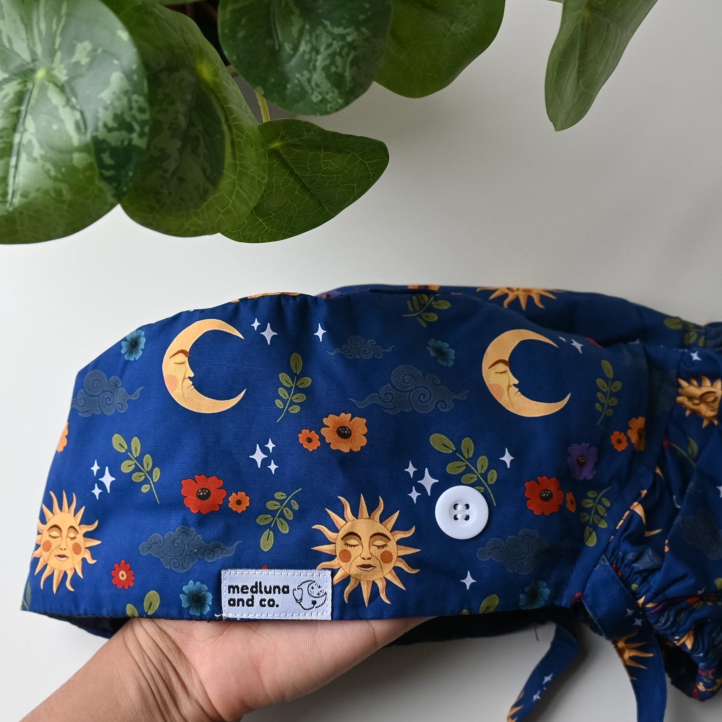 CELESTIAL MOON AND SUN HISPANIC THEMED SATIN LINED PONYTAIL SCRUB CAP