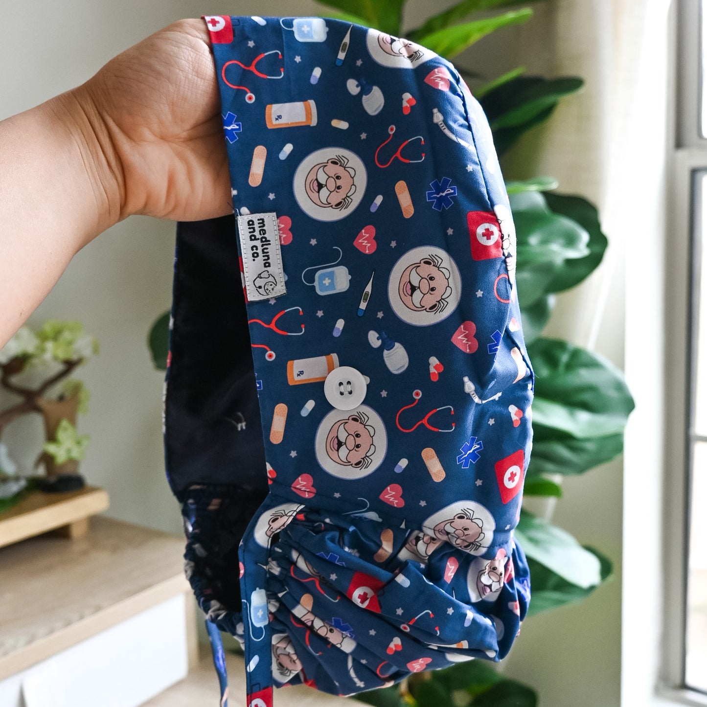 DR. SIMI THEMED SATIN LINED PONYTAIL SCRUB CAP