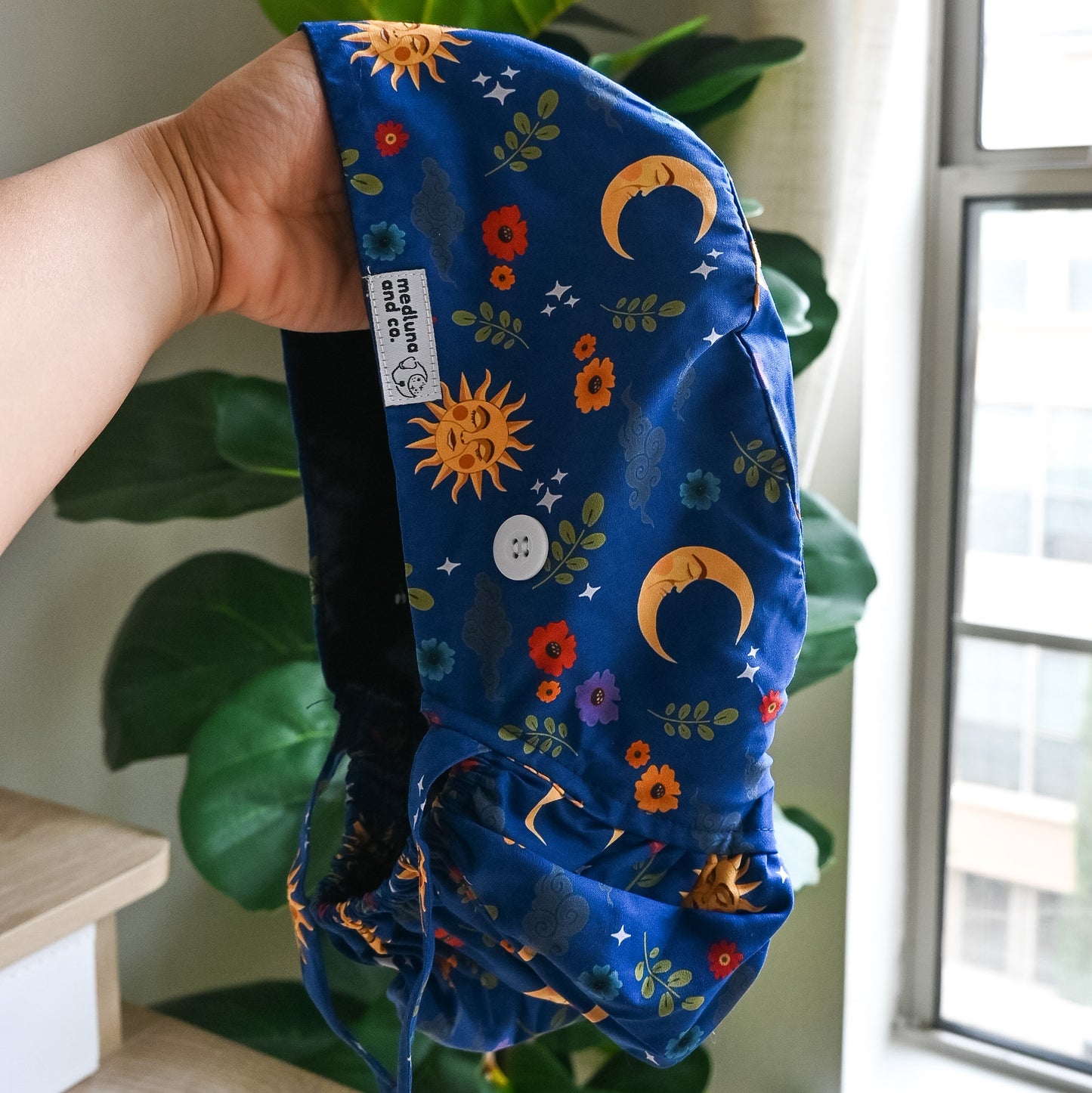 CELESTIAL MOON AND SUN HISPANIC THEMED SATIN LINED PONYTAIL SCRUB CAP
