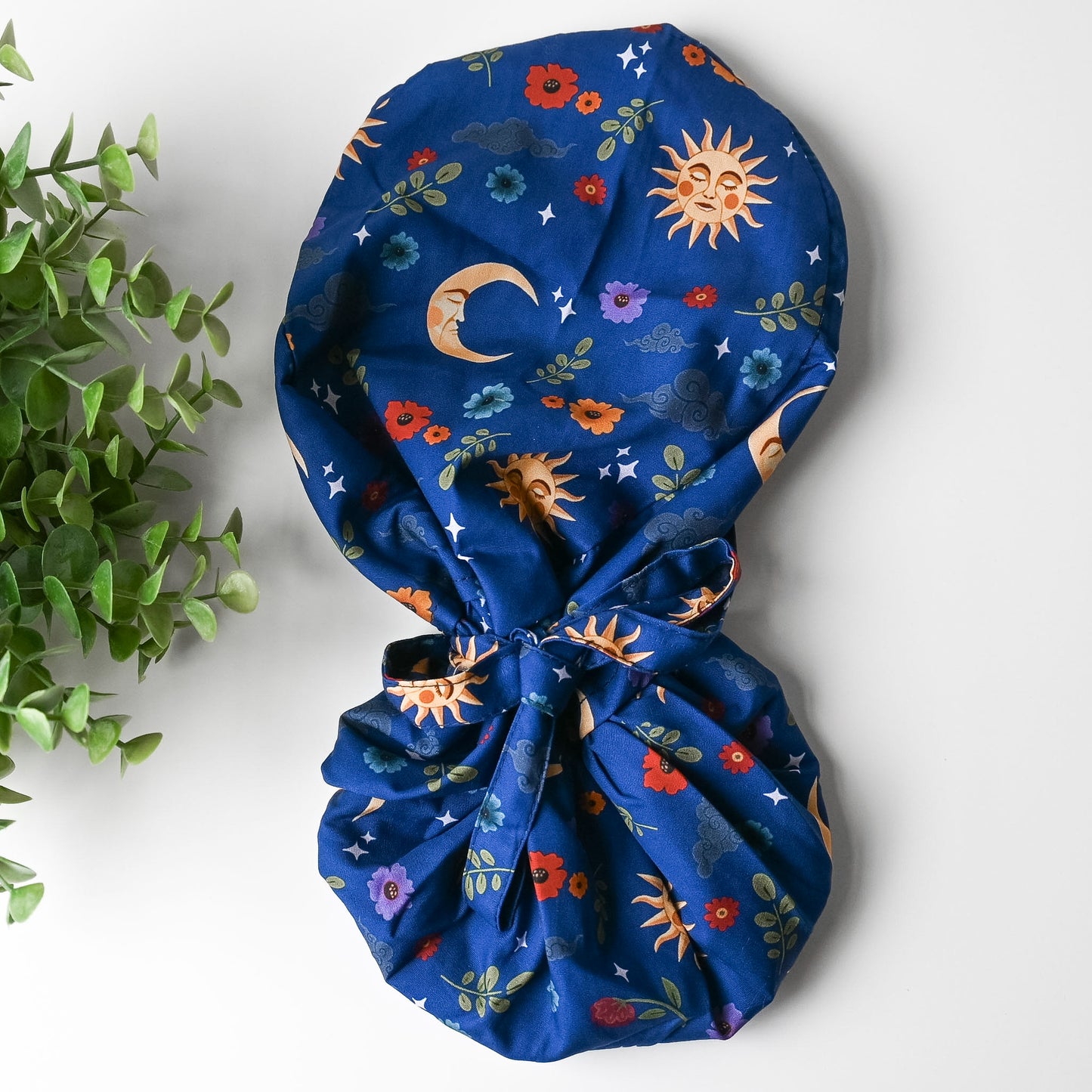 CELESTIAL MOON AND SUN HISPANIC THEMED SATIN LINED PONYTAIL SCRUB CAP
