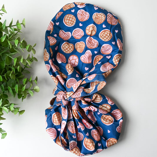 CONCHAS DARK BLUE SATIN LINED PONYTAIL SCRUB CAP