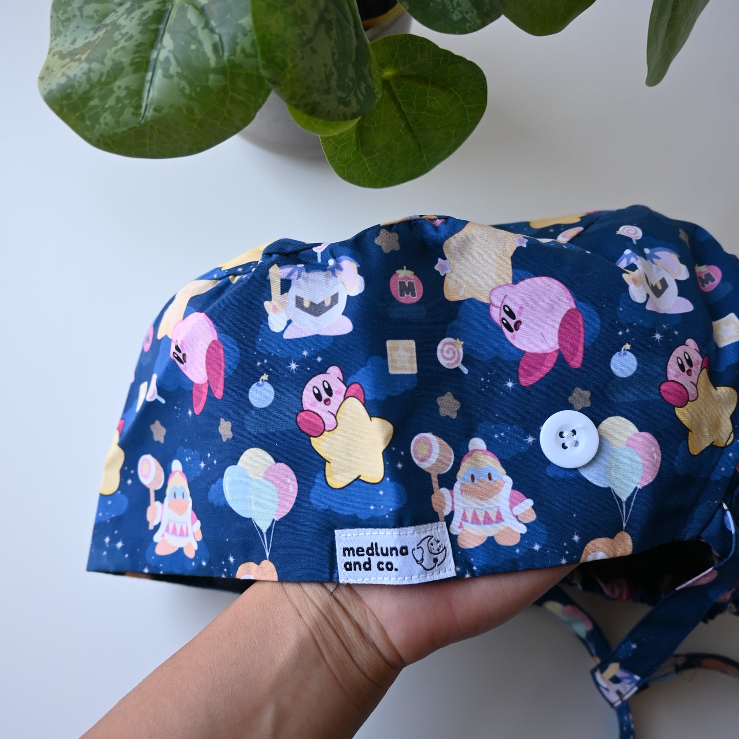 KIRBY CHARACTERS WITH ITEMS DARK BLUE SATIN LINED PONYTAIL SCRUB CAP