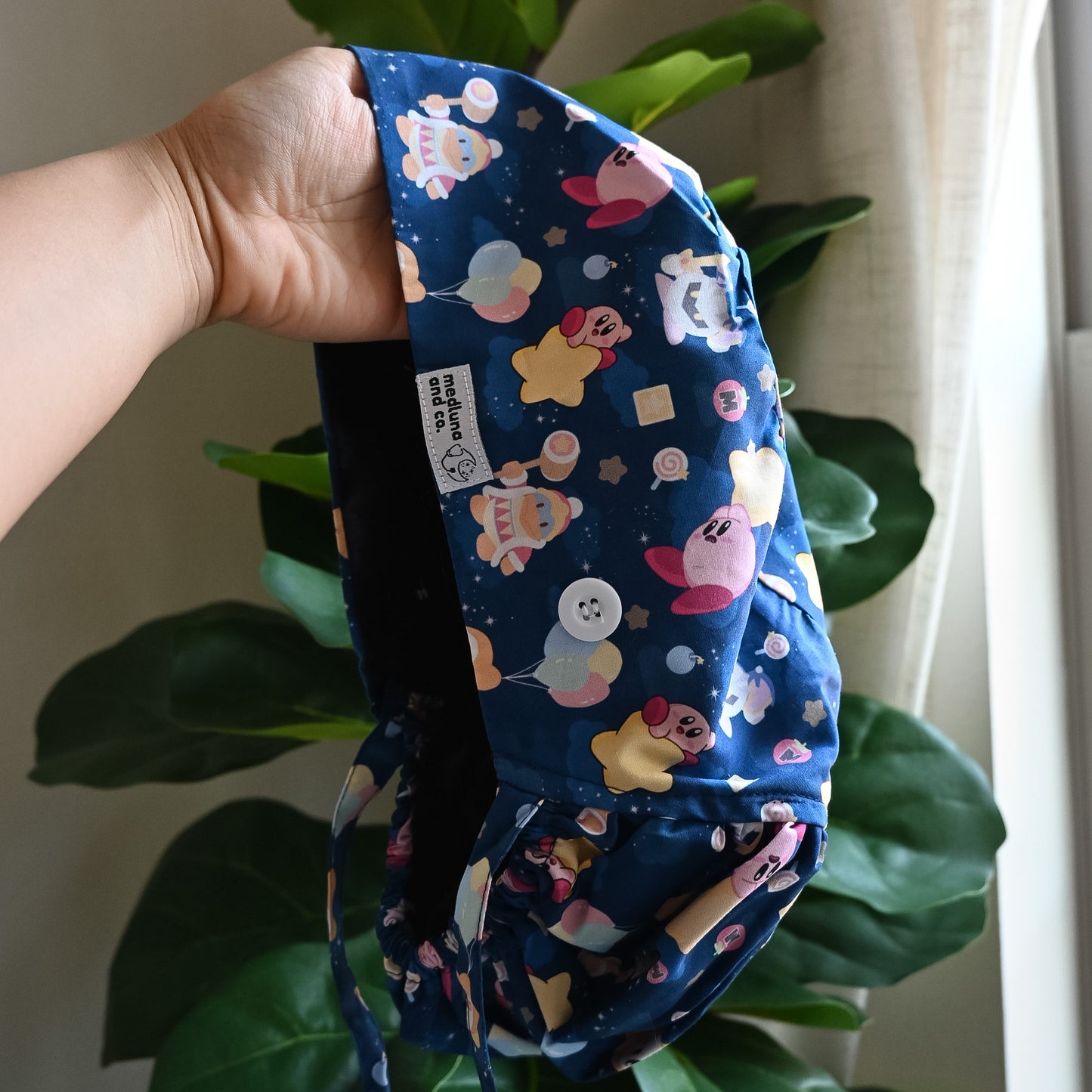 KIRBY CHARACTERS WITH ITEMS DARK BLUE SATIN LINED PONYTAIL SCRUB CAP