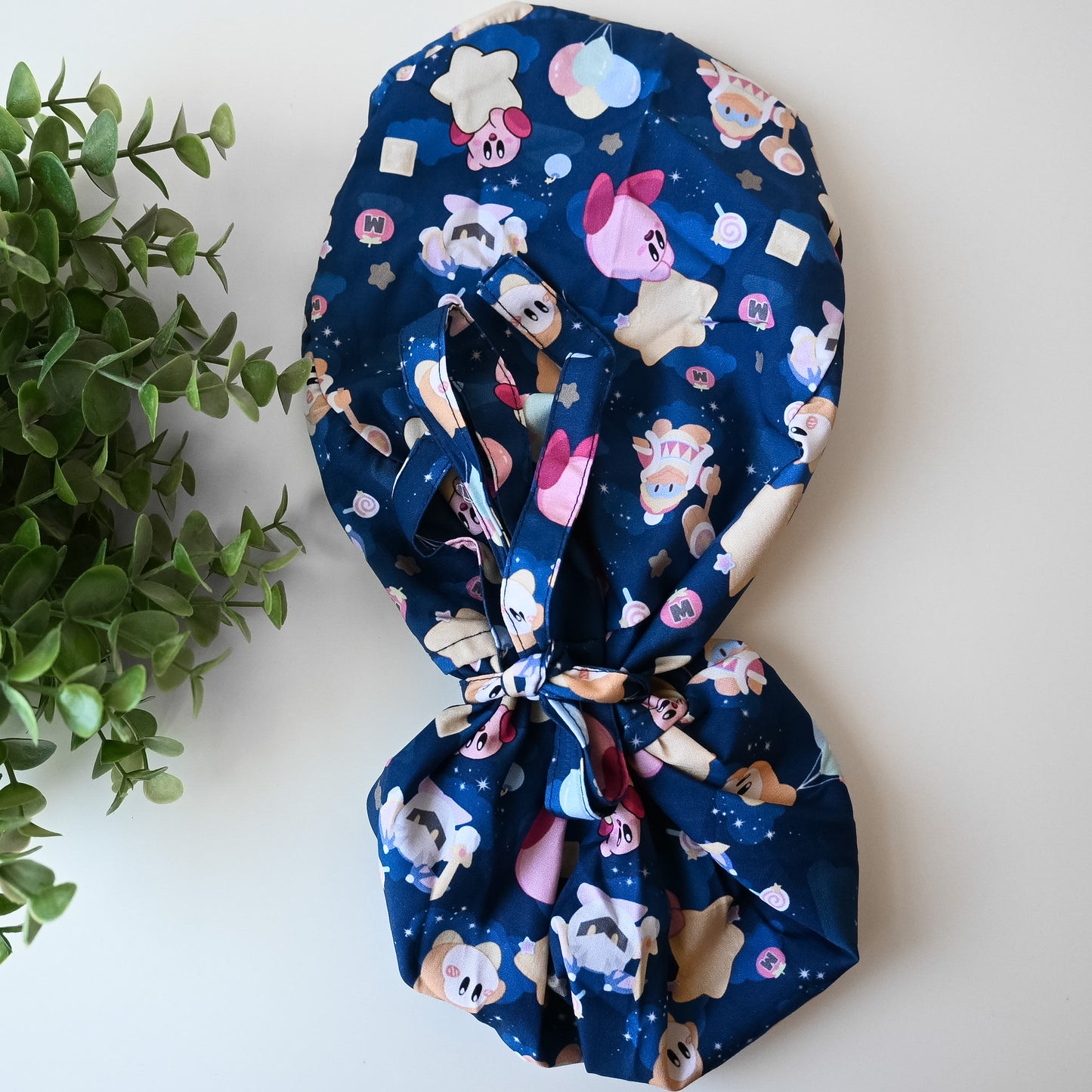 KIRBY CHARACTERS WITH ITEMS DARK BLUE SATIN LINED PONYTAIL SCRUB CAP