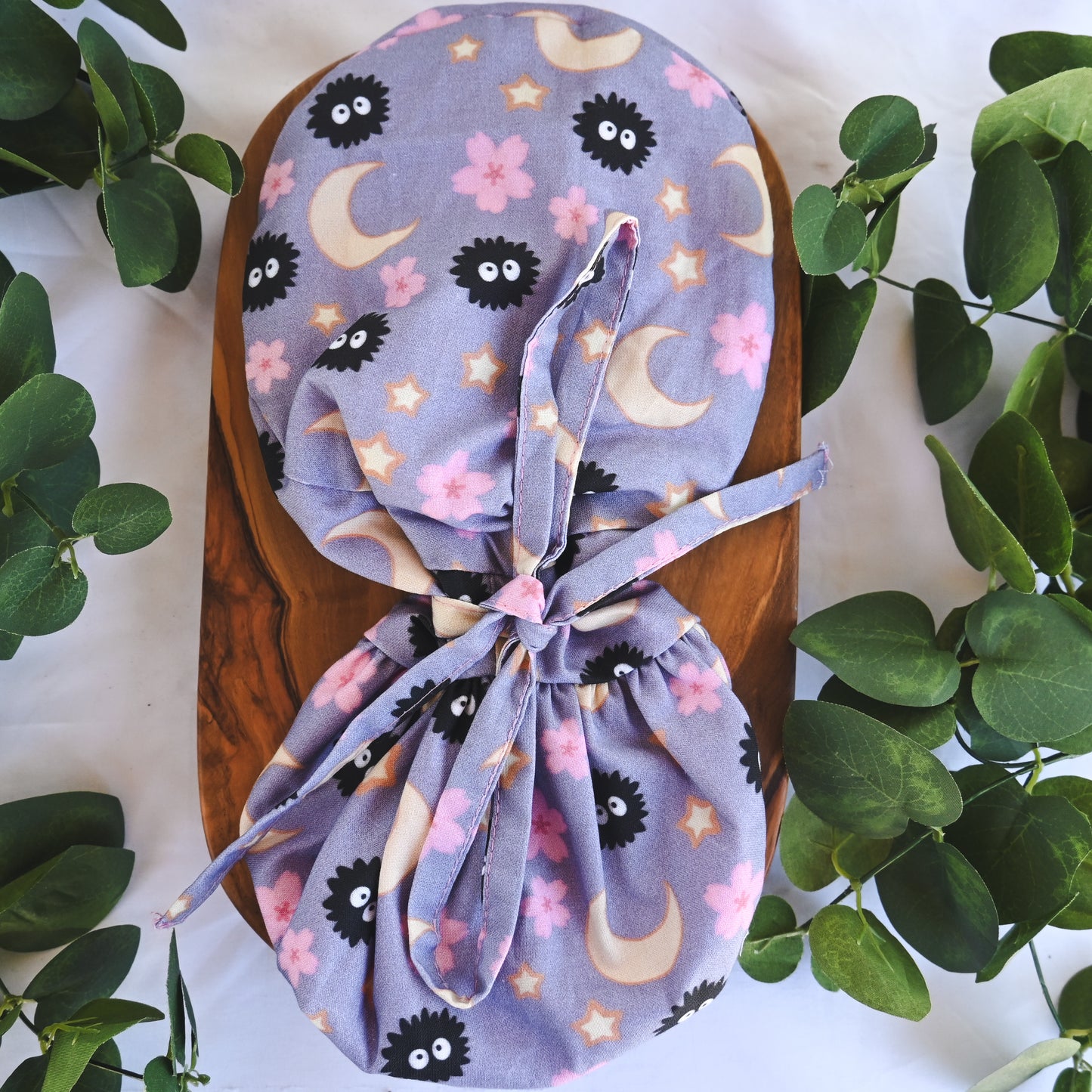 SOOT SPRITES PURPLE MOON AND STARS SATIN LINED PONYTAIL SCRUB CAP