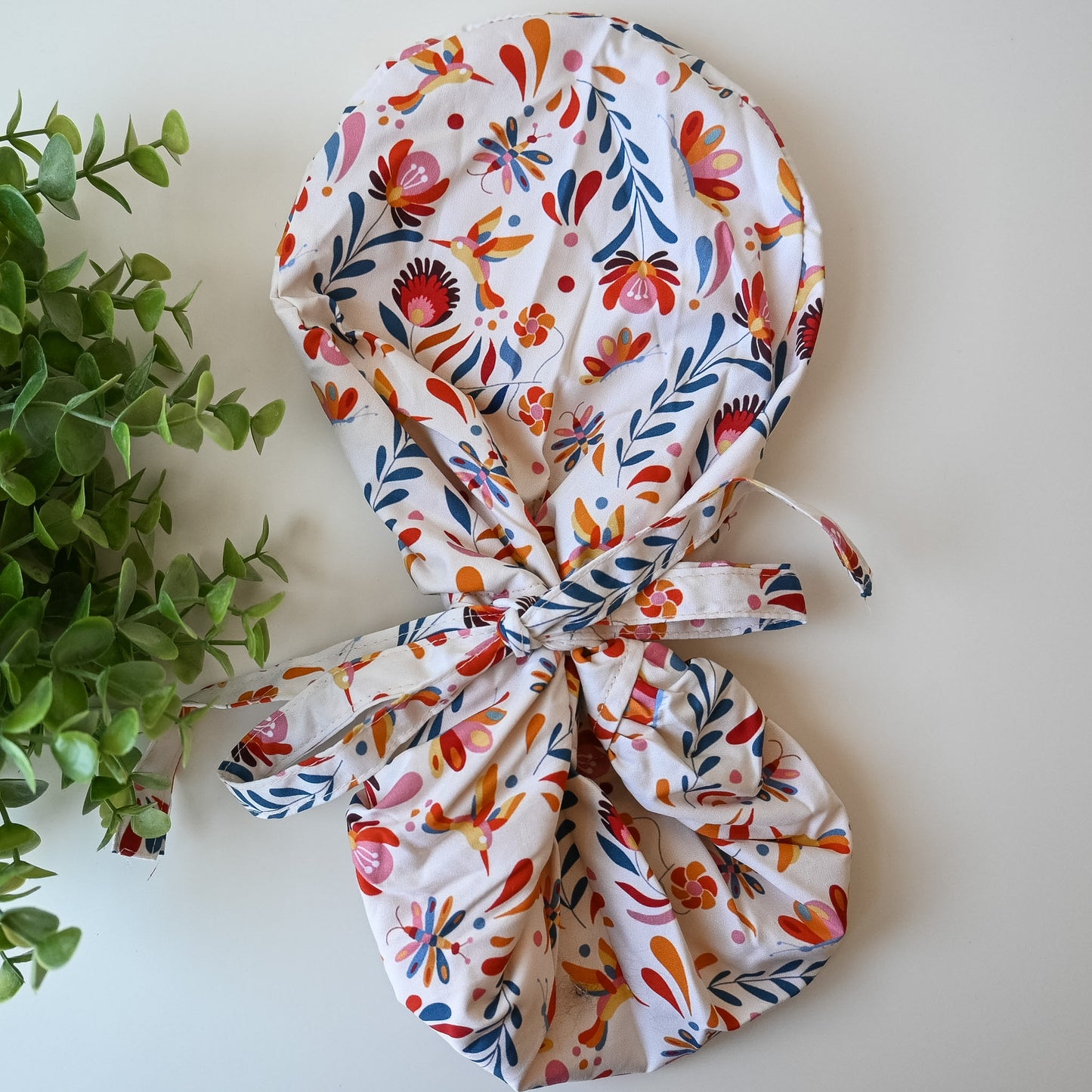 HISPANIC TRADITIONAL NEUTRAL TALAVERA PATTERN SATIN LINED PONYTAIL SCRUB CAP