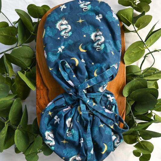 SPIRITED AWAY - FLYING WITH HAKU THEMED SATIN LINED PONYTAIL SCRUB CAP