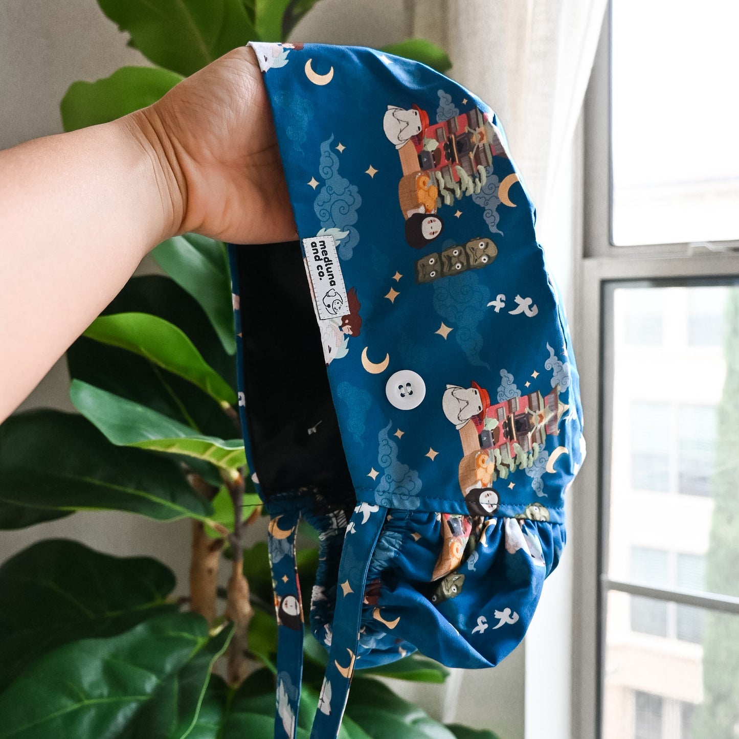 SPIRITED AWAY - FLYING AT NIGHT WITH HAKU SATIN LINED PONYTAIL SCRUB CAP