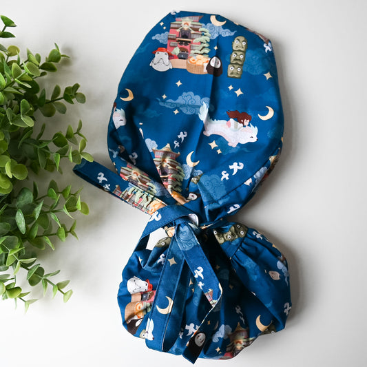 SPIRITED AWAY - FLYING AT NIGHT WITH HAKU SATIN LINED PONYTAIL SCRUB CAP